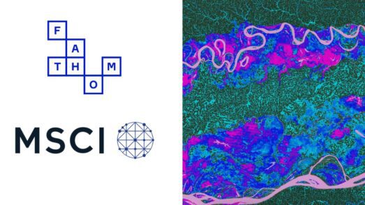 MSCI logo and Fathom logo with Fathom Global FLood Map