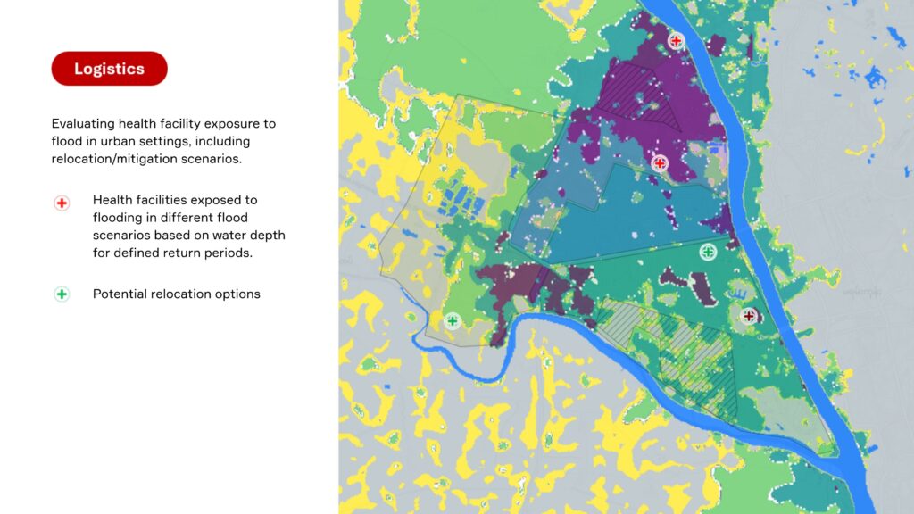 Logistics. Evaluating health facility exposure to flood in urban settings, including relocation/mitigation scenarios. Conceptual retake on original data for demo purposes. The visible health facilities are not actual MSF locations