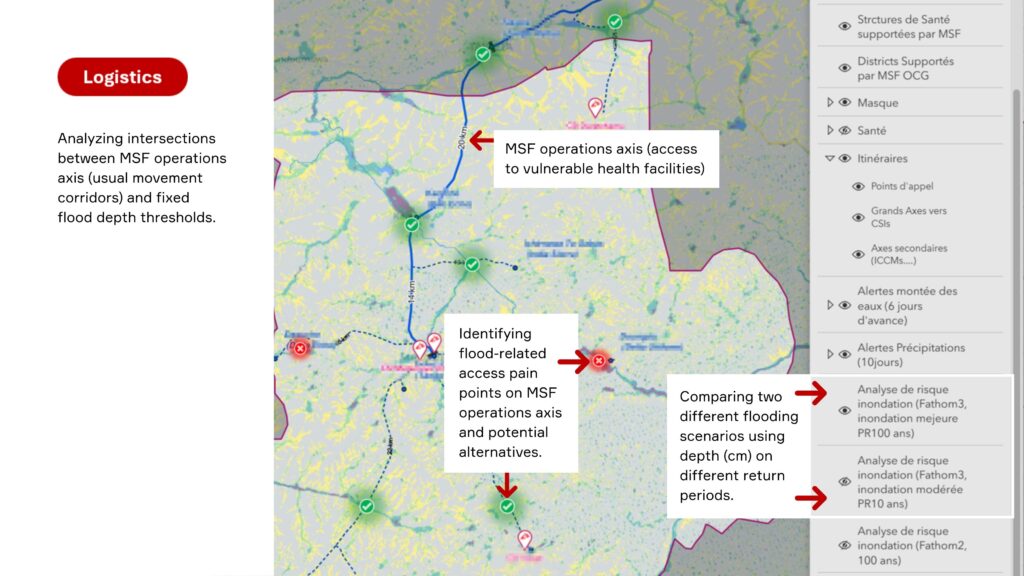 Logistics. Analyzing intersections between MSF operations axis (usual movement corridors) and fixed flood depth thresholds